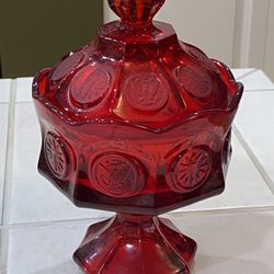 Vintage Fostoria Ruby Red Coin Wedding Bowl Compote w/ Lid Candy Dish