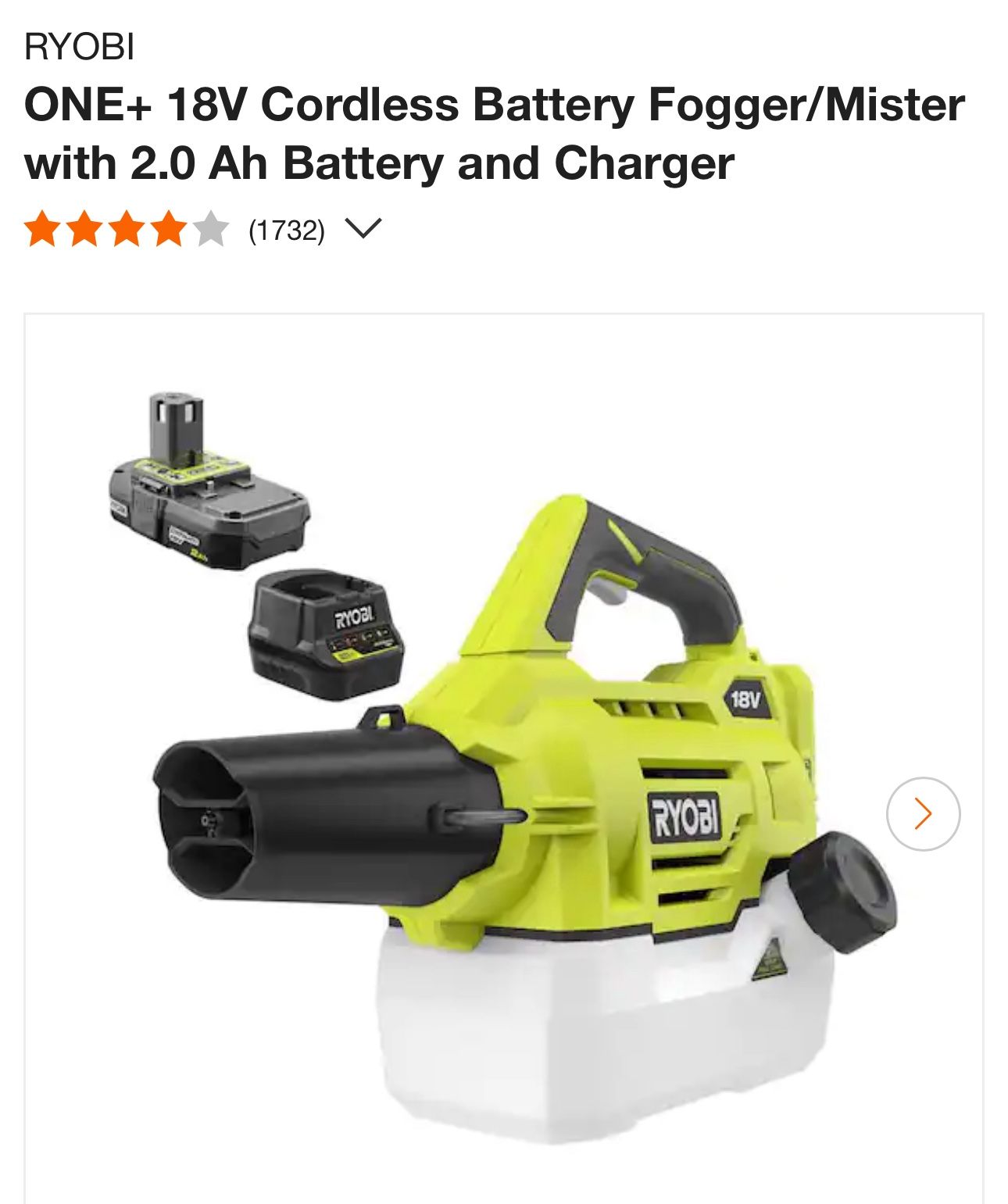 N.I.B. RYOBI Cordless Fogger/Mister w/ Battery/Charger