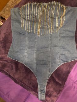 Denim Fringe Strapless Bodysuit size Large