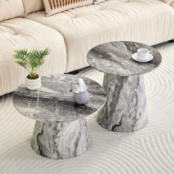 Nested coffee table, medieval-modern style coffee table, featuring grey veneer, classic round coffee table and side table set, simple living room, off