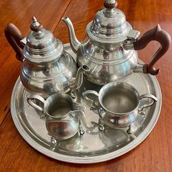 Williamsburg Kirk Stieff 5 Piece Pewter Coffee and Tea Set with Tray