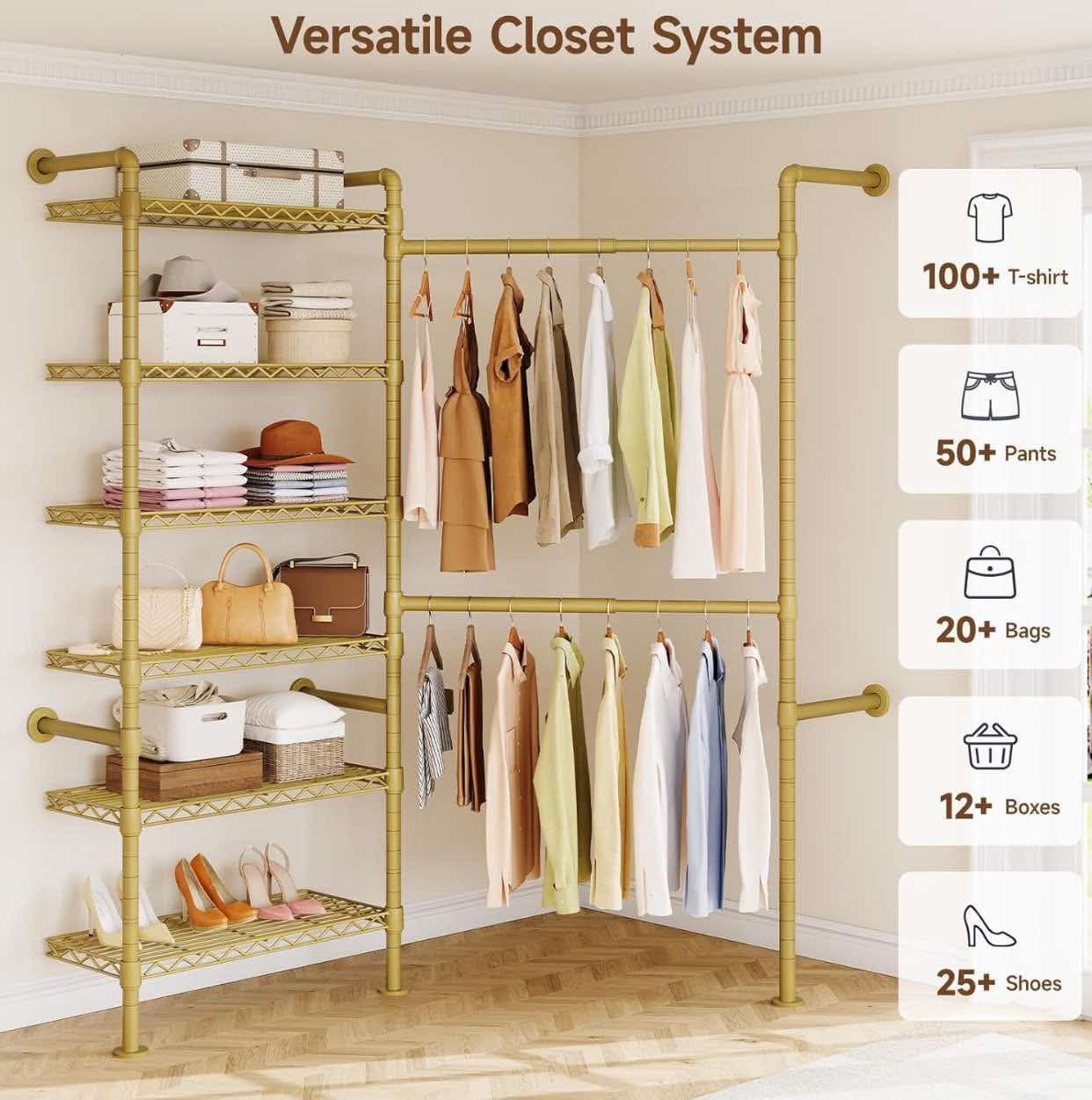L2 Wall Mounted Closet System, Industrial Pipe Clothing Rack Clothes Racks with 2 Telescopic Rod & 6 Shelves, Heavy Duty Closet Organizers System in W