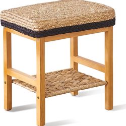 Cpintltr Foot Stool Natural Seagrass Hand Weave Poufs Square Ottoman Bench Modern Dressing Stool Small Stool Side Table Footstool with Wood Legs Vanit