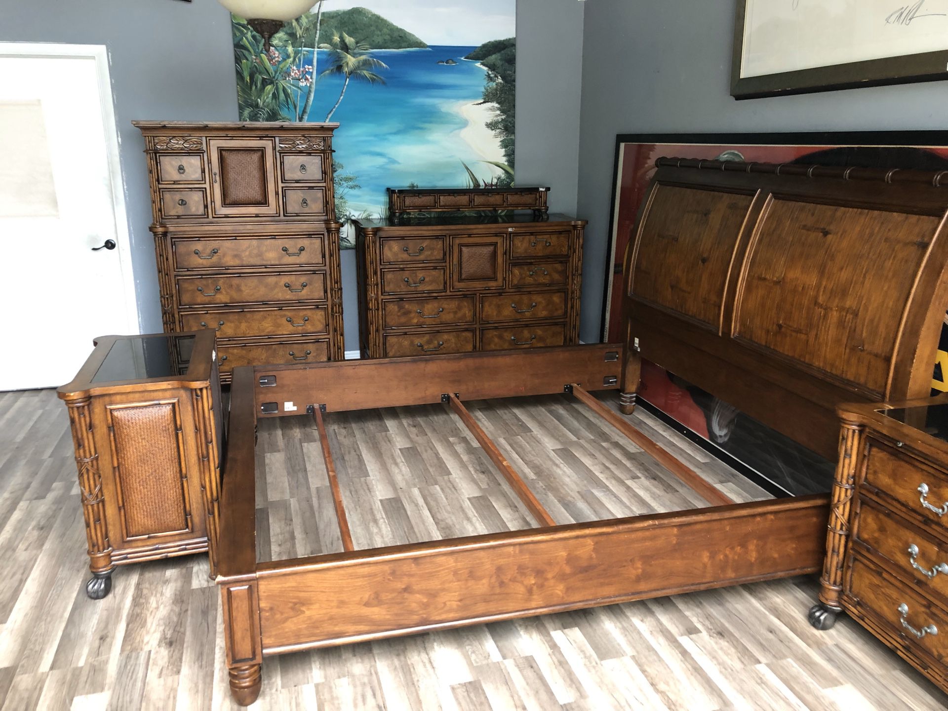6 Piece Tommy Bahama Style American Signature Bamboo King Size Bedroom Set Marble Tops Excellent Condition 2 Nightstands, Dresser, Chest, King Bed