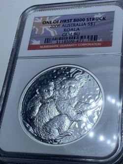 2008 AUSTRALIA 1 OF 1ST STRUCK KOALA 1oz 999 FINE SILVER $1 NGC GEM BU