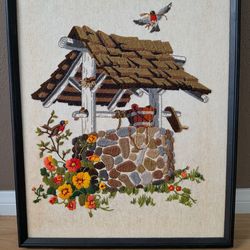 VINTAGE CREWEL ARTWORK BIRDS, WISHING WELL, FRAMED 60-70S