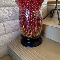 Red, Yellow Glass Candle Holder With Wood Base
