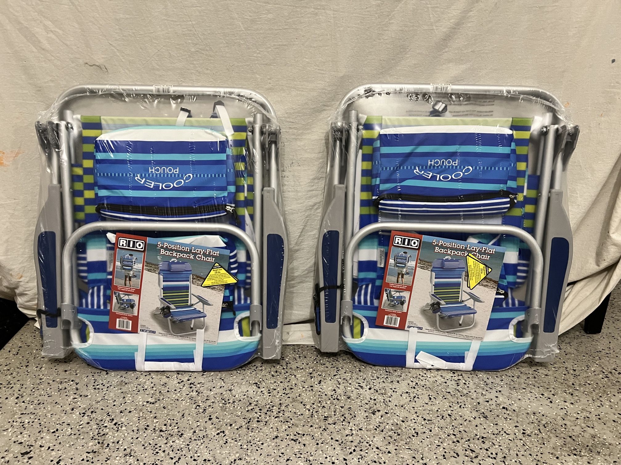 Beach Chairs - two brand new, 5-position lay-flat, backpack chairs