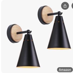 Set of 2 Rustic Farmhouse Black Metal and Wood Wall Sconces 
