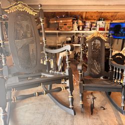 Set of vintage gothic Victorian carved rocking chairs adult and child matching