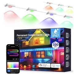 100FT Permanent Outdoor Lights, 60 RGBIC LEDs Smart Eave Lights IP67 Waterproof, 120 Scene Modes with 596lm RGB for Outdoor Christmas Decorations, Sma
