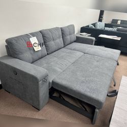 Woven Fabric Reversible Sleeper Sectional Sofa with Storage Chaise Cup Holder Charging Ports and Pockets