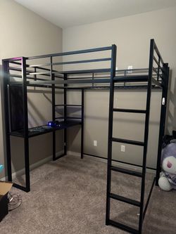 Full Size Metal Loft Bed with Desk & Shelves