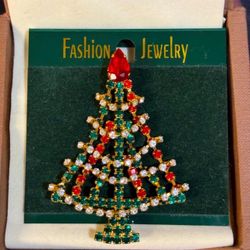 Early 70’s Large Jeweled Christmas Tree Brooch Pin w/Articulated Garland NWT