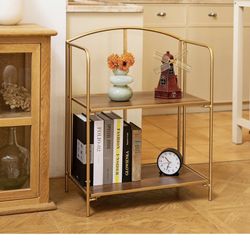 No Assembly Folding Bookshelf, 2 Tier Gold Bookshelf, Metal Book Shelf for Storage, Folding Bookcase for Office Organization and Storage