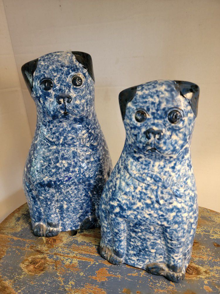 Vintage Blue Spongeware Alpin Pottery Dogs - Roseville Ohio