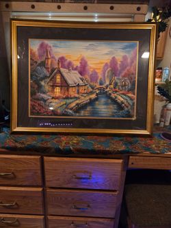 Framed Cottage Canal Landscape Painting