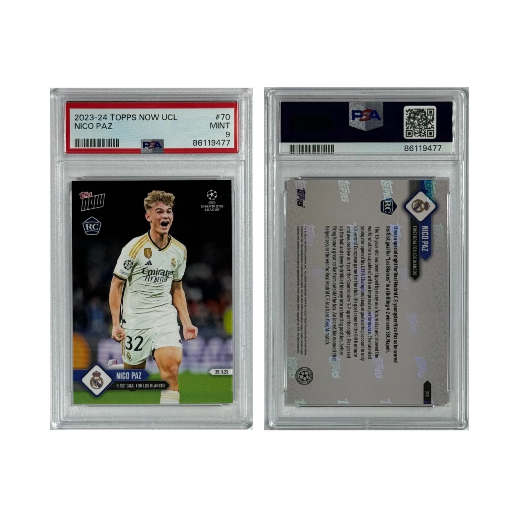 Nico Paz (RC) 2023-24 Topps Now UEFA Champions League #70 PSA 9 (MINT) Soccer Card