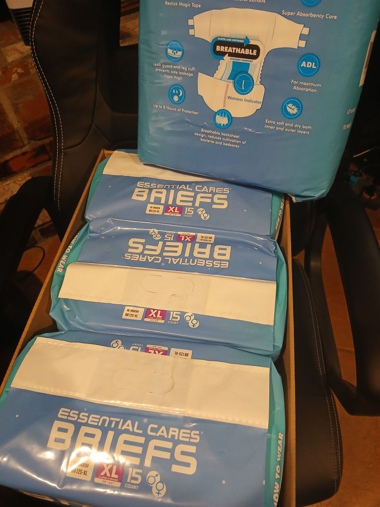 Latex Free Adult Diapers Breifs Essential Cares Sixe XL Pkg Of 15 $15.00 Each Pkg