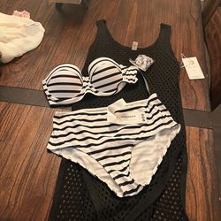 NWT High Waist Stripe Bikini With Coverup