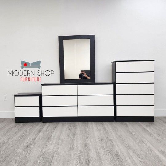 DRESSER WITH MIRROR, CHEST AND ONE NIGHTSTAND