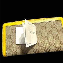 Gucci Gucci Beige/Yellow GG Canvas and Leather Bamboo Tassel Bow Zip Around Wallet