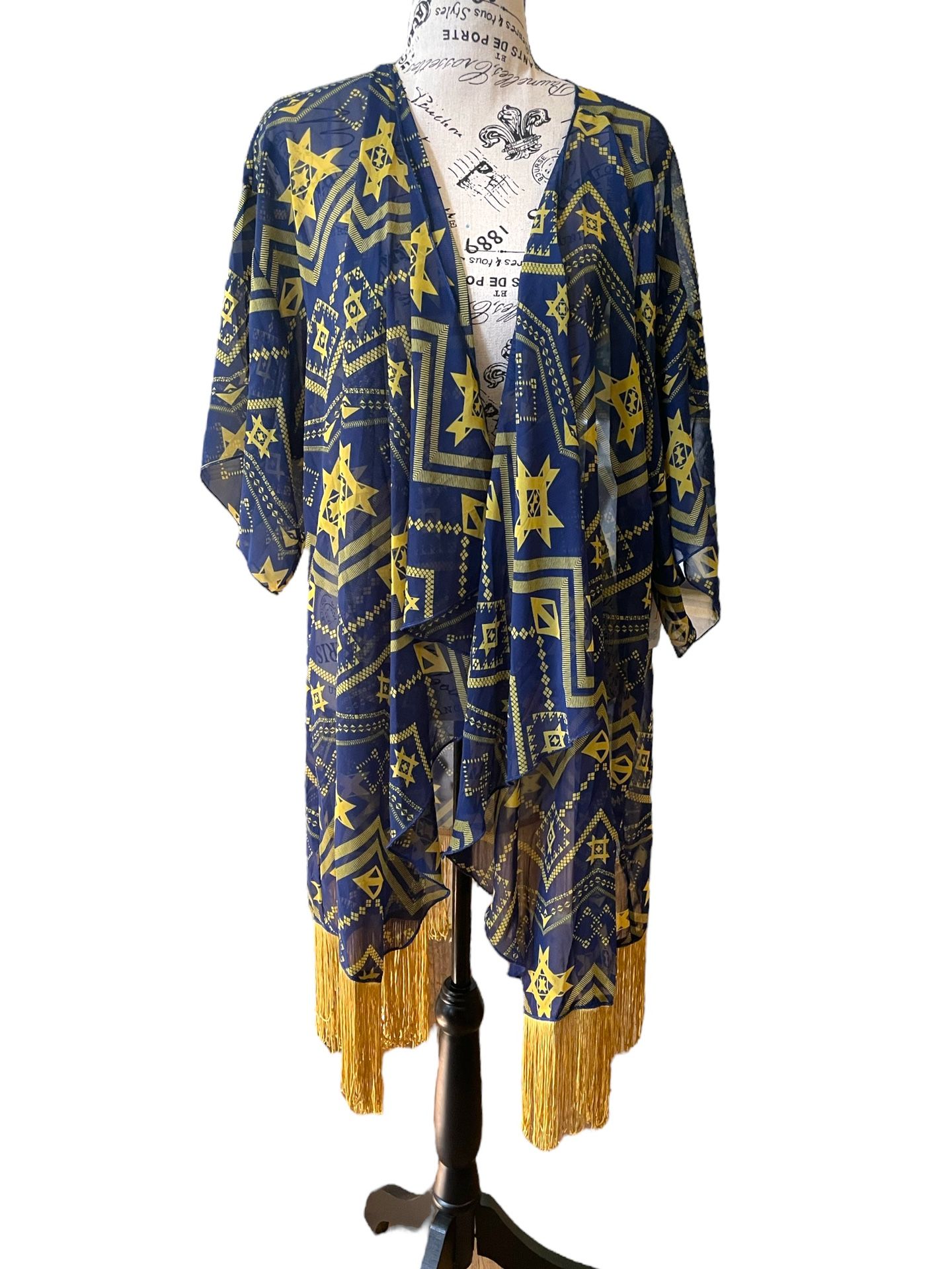 LuLaRoe Large Monroe Kimono •Sheer Chiffon Oversized Cut-Fringe Hem •Blue & Gold