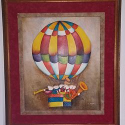 Large Joyce Roybal Framed Artwork – Whimsical Hot Air Balloon Scene – 33"x30