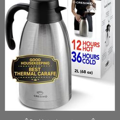Cresimo Thermal Coffee Carafe 68oz / 2L - 12 Hours Hot Beverage Dispenser, Insulated Stainless Steel Carafe For Liquids, Coffee Carafes For Keeping Ho