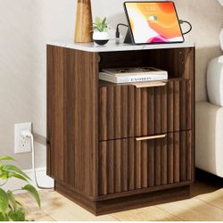 New-18''W Nightstand with 2-Drawer Open Cubby, Built-In Charge Outlets