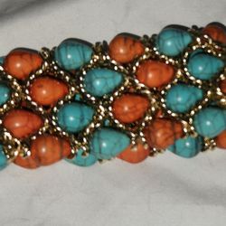Turquoise And Coral Stone Stretch Bracelet Gold Color Chain