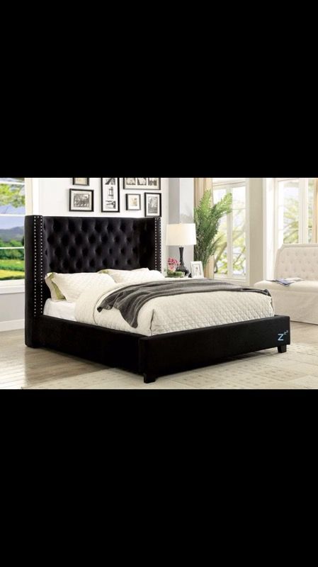 New Black Velvet Fabric Bed Frame With Tufted Headboard Queen King New Black Velvet Fabric Bed Frame With Tufted Headboard Queen King Cali Mattress Sold Separately