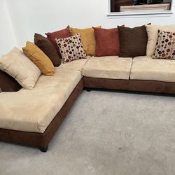 2pc Brown, Beige & Mustard Upholstered  Pillow Back Sectional Chaise Sofa