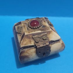 Vintage Made in India Bone & Brass Jeweled Pyramid Trinket Box.