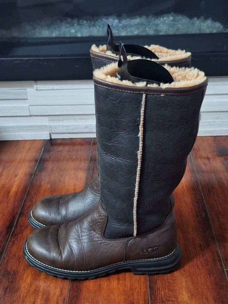 UGG Brooks Tall Boots Water-Resistant Brown Leather Shearling, Size 9