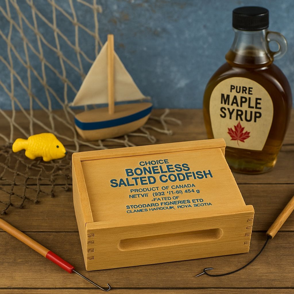 Stoddard Fisheries Canada 1950s Wooden Salted Codfish Box Sliding Lid, 6x4x2”