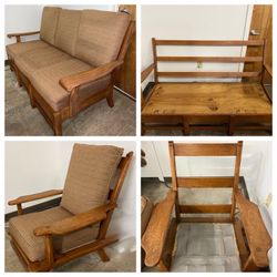 Solid wood 3 seat sofa couch $200. Paddle arm accent chair $100. $250 both. Solid, heavy, sturdy