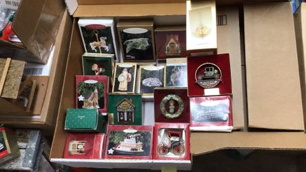 Box of Vintage Hallmark Ornaments Santa, Angel, Yesteryears, Horse, Lionel