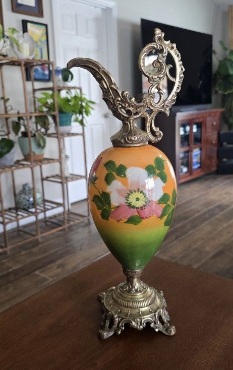 Antique Victorian Glass And Metal Ewer Art Nouveau Style