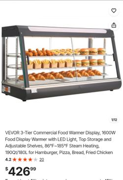 VEVOR 3-Tier Commercial Food Warmer Display, 1600W Food Display Warmer with LED Light, Top Storage and Adjustable Shelves, 86℉~185℉ Steam Heating, 190