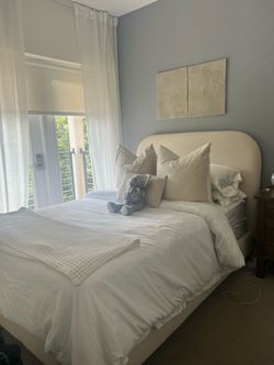 Handmade Cream Upholstered Full Size Bed Frame with Rounded Headboard