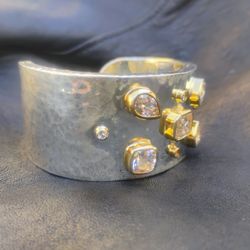 Thistle & Bee Hammered Cuff Sterling Silver With 18k Gold Vermeil Bezels