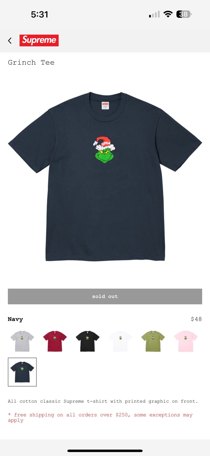 Supreme Grinch Tee Navy XL