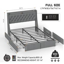 Full Size Bed Frame with 4 Storage Drawers and LED Lights, Upholstered Platform Full Bed with Button Tufted Headboard and Charging Station,
