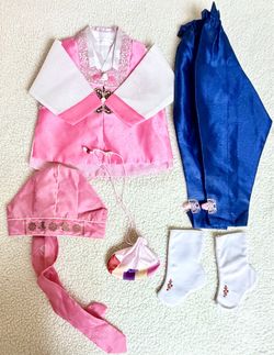 Traditional 5-Piece Korean Hanbok Set - Pink, Blue and White Size 2