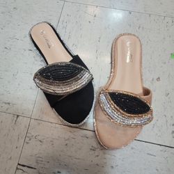 Shimmer Slides Sandals Flats Black, Nude Bling Sizes 6 To 9 New