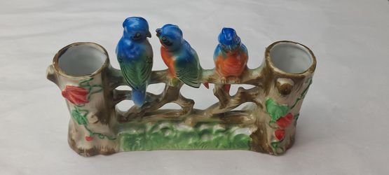 Beautiful Vintage Colorful Doubke Vase With 3 Bluebirds, Porcelain