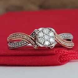 ❤️Size 6.75 Fancy Sterling Silver & 10k Solid Rose Gold Genuine Diamond Ring!/ Anillo de Plata Esterlina y Oro con Diamantes Genuinos! 👌🎁