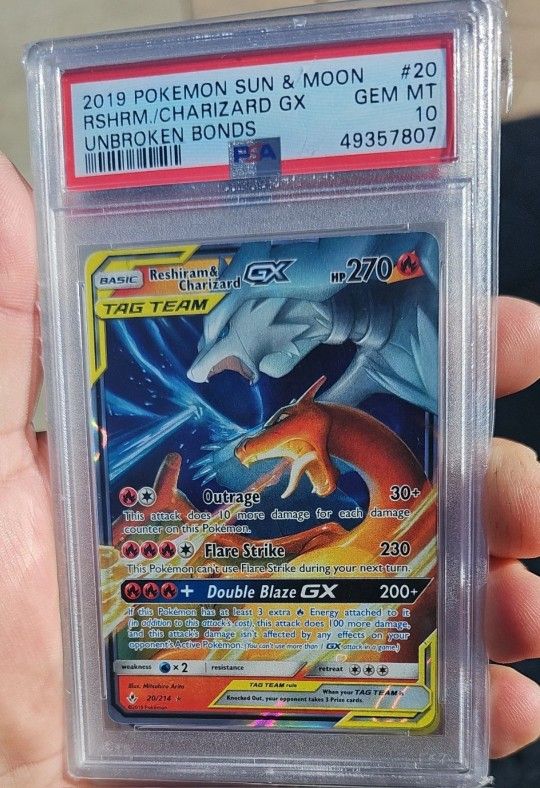 2019 POKEMON SUN & MOON UNBROKEN BONDS #20 RESHIRAM & CHARIZARD GX PSA 10