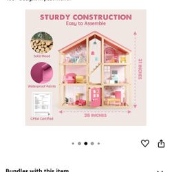 Tiny Land Wooden Dollhouse for Girls - 6 Rooms Wooden Doll House, DIY Pretend Doll House with 30Pcs